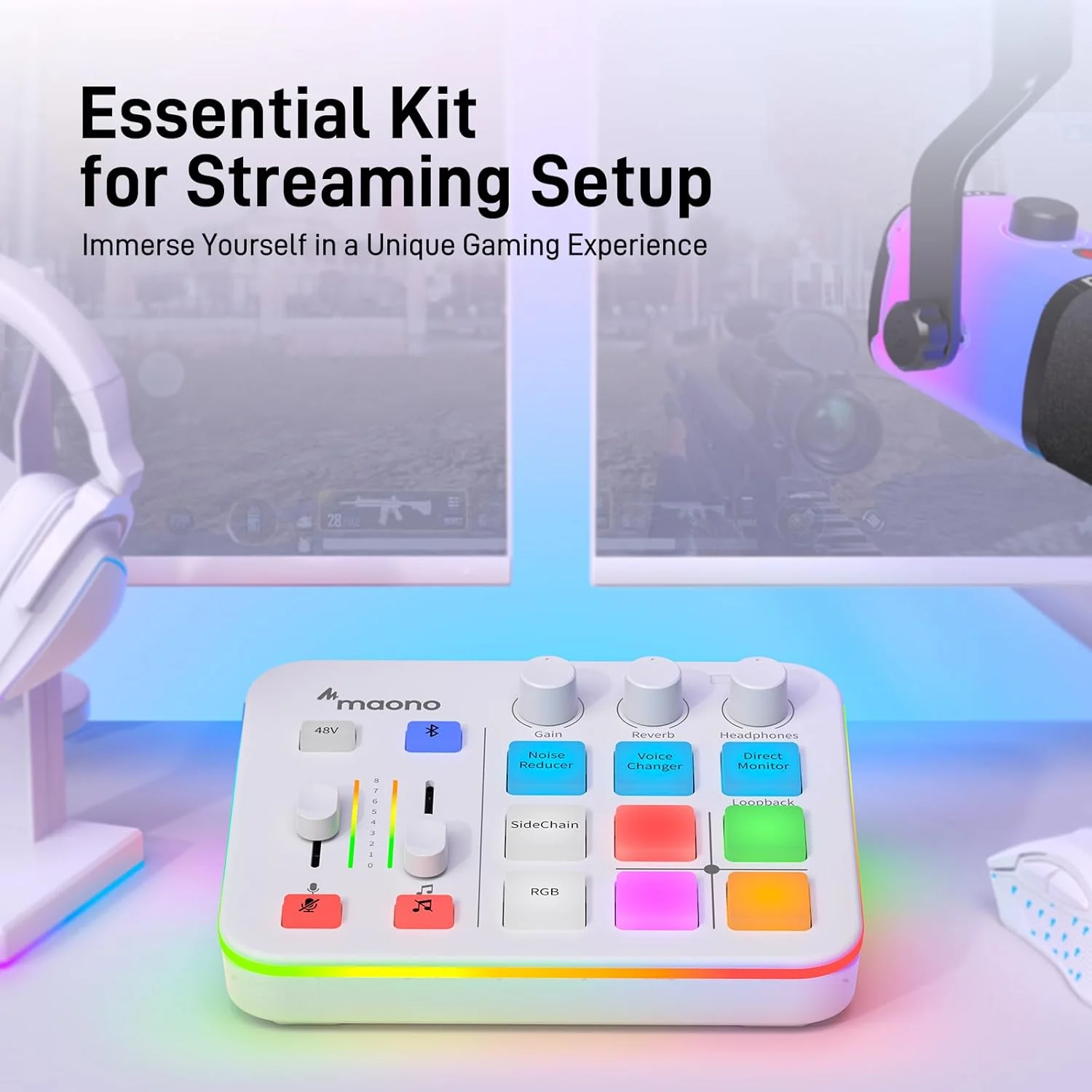 میکسر صوتی MAONO، کارت صدای حرفه ای با پری امپ، RGB، بلوتوث، فانتوم پاور 48 ولت برای پخش زنده، پادکست، تولید محتوا، بازی - MaonoCaster G1 NEO (سفید) میکسر صوتی MAONO، کارت صدای حرفه ای با پری امپ، RGB، بلوتوث، فانتوم پاور 48 ولت برای پخش زنده، پادکست، تولید محتوا، بازی - MaonoCaster G1 NEO (سفید)