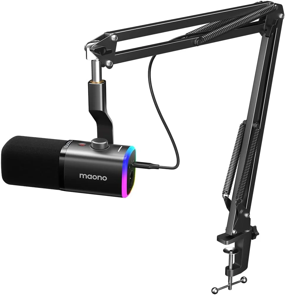 میکروفون گیمینگ داینامیک MAONO با بازوی بوم: میکروفون پادکست XLR/USB با نرم افزار، دکمه قطع صدا، کنترل گین، میکروفون RGB PC برای استریم، ضبط، PS4/PS5، تولید محتوای یوتیوب PD100XS