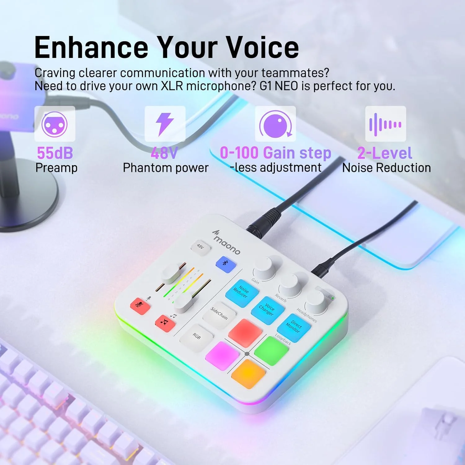 میکسر صوتی MAONO، کارت صدای حرفه ای با پری امپ، RGB، بلوتوث، فانتوم پاور 48 ولت برای پخش زنده، پادکست، تولید محتوا، بازی - MaonoCaster G1 NEO (سفید) میکسر صوتی MAONO، کارت صدای حرفه ای با پری امپ، RGB، بلوتوث، فانتوم پاور 48 ولت برای پخش زنده، پادکست، تولید محتوا، بازی - MaonoCaster G1 NEO (سفید)