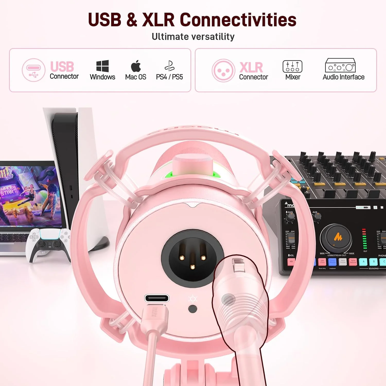 کیت میکروفون داینامیک XLR/USB مائونو، میکروفون گیمینگ RGB با نرمافزار، بیصدا کردن، دکمه تنظیم گین، کنترل صدا، بازوی بوم برای استریم، پادکست، صداگذاری، ضبط - PD200XS صورتی کیت میکروفون داینامیک XLR/USB مائونو، میکروفون گیمینگ RGB با نرمافزار، بیصدا کردن، دکمه تنظیم گین، کنترل صدا، بازوی بوم برای استریم، پادکست، صداگذاری، ضبط - PD200XS صورتی
