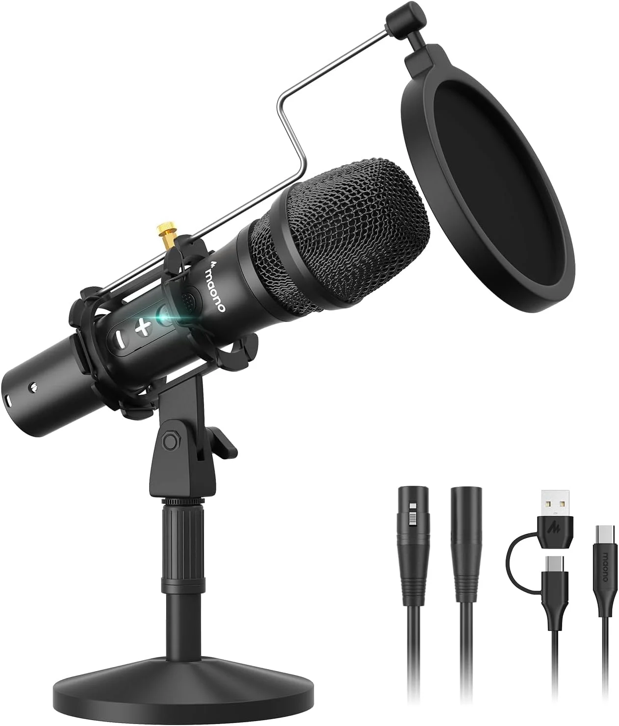 میکروفون دینامیک پادکست USB/XLR ماونو، کیت میکروفون استودیویی با کنترل صدا، لرزه گیر، پاپ فیلتر، ایده آل برای ضبط صدا، سازها، صداگذاری، پخش زنده (HD300T)