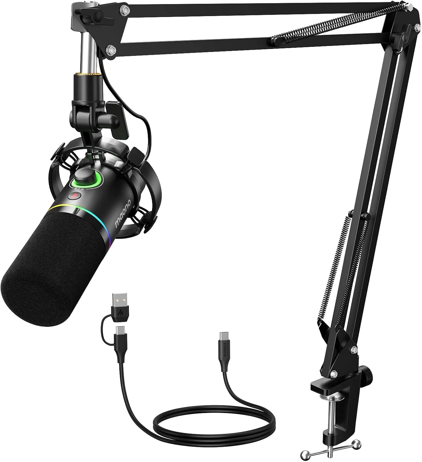 میکروفون داینامیک XLR/USB گیمینگ Maono برای کامپیوتر، میکروفون پادکست RGB برای یوتیوب با نرم افزار، قطع صدا، دکمه افزایش صدا، کنترل صدا، بازوی بوم برای بازی، آواز، ضبط، استریم، PD200XS مشکی