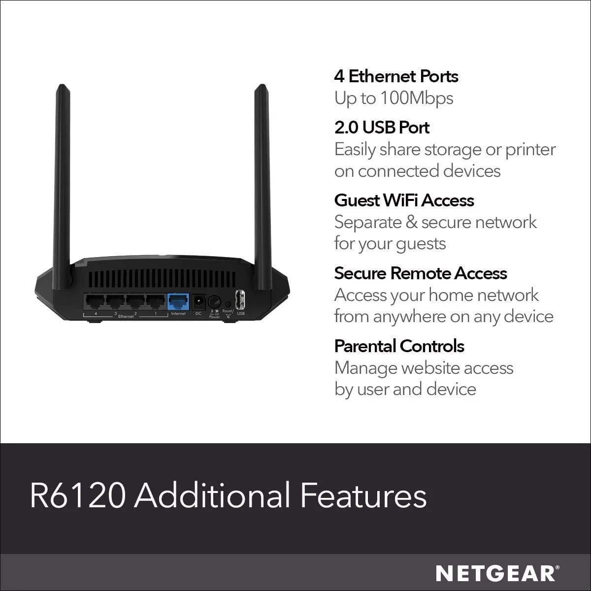 روتر وای فای دو بانده Netgear Ac1200، مشکی، R6120-100Uks، بزرگ روتر وای فای دو بانده Netgear Ac1200، مشکی، R6120-100Uks، بزرگ