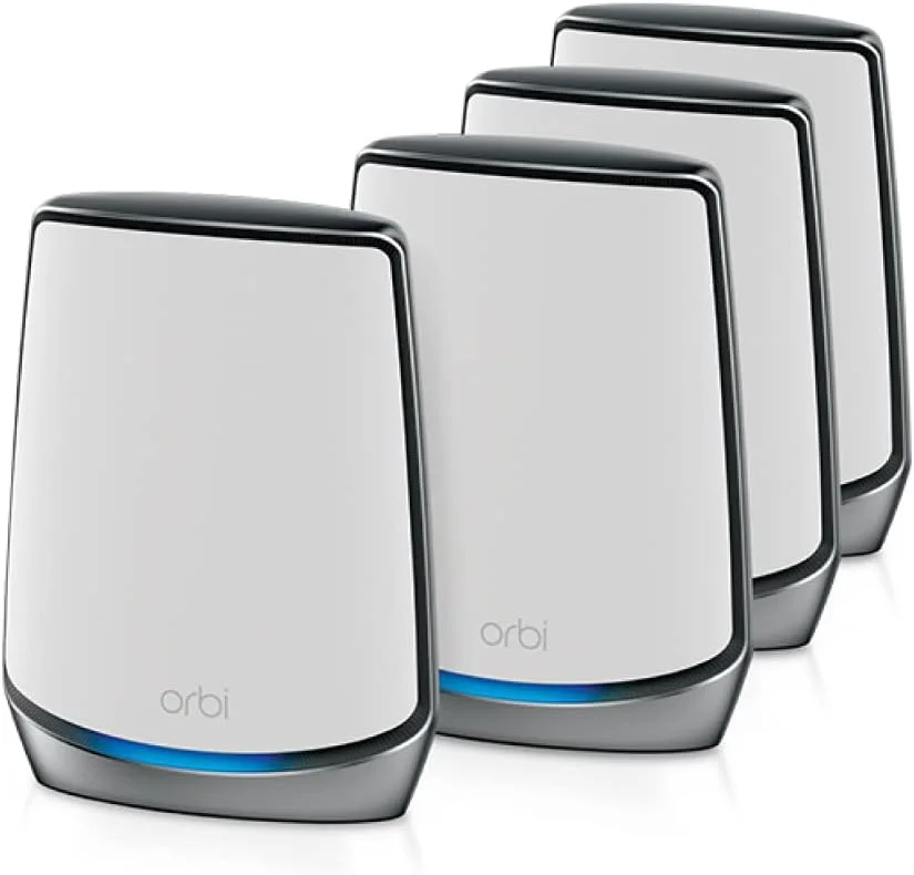 سیستم وای فای مش سه بانده Netgear Orbi RBK854، روتر Wi-Fi 6 با 3 توسعه دهنده ماهواره ای، پوشش تا 10000 فوت مربع و 60+ دستگاه، Wi-Fi 11AX Mesh AX6000، تا 6 گیگابیت بر ثانیه