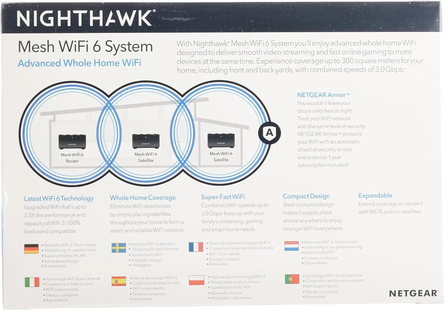 سیستم مش وای فای 6 دو بانده Netgear Nighthawk، 3 گیگابیت بر ثانیه، روتر AX3000 + 2 ماهواره با 1 سال NETGEAR Armor و کنترل های والدین هوشمند سیستم مش وای فای 6 دو بانده Netgear Nighthawk، 3 گیگابیت بر ثانیه، روتر AX3000 + 2 ماهواره با 1 سال NETGEAR Armor و کنترل های والدین هوشمند