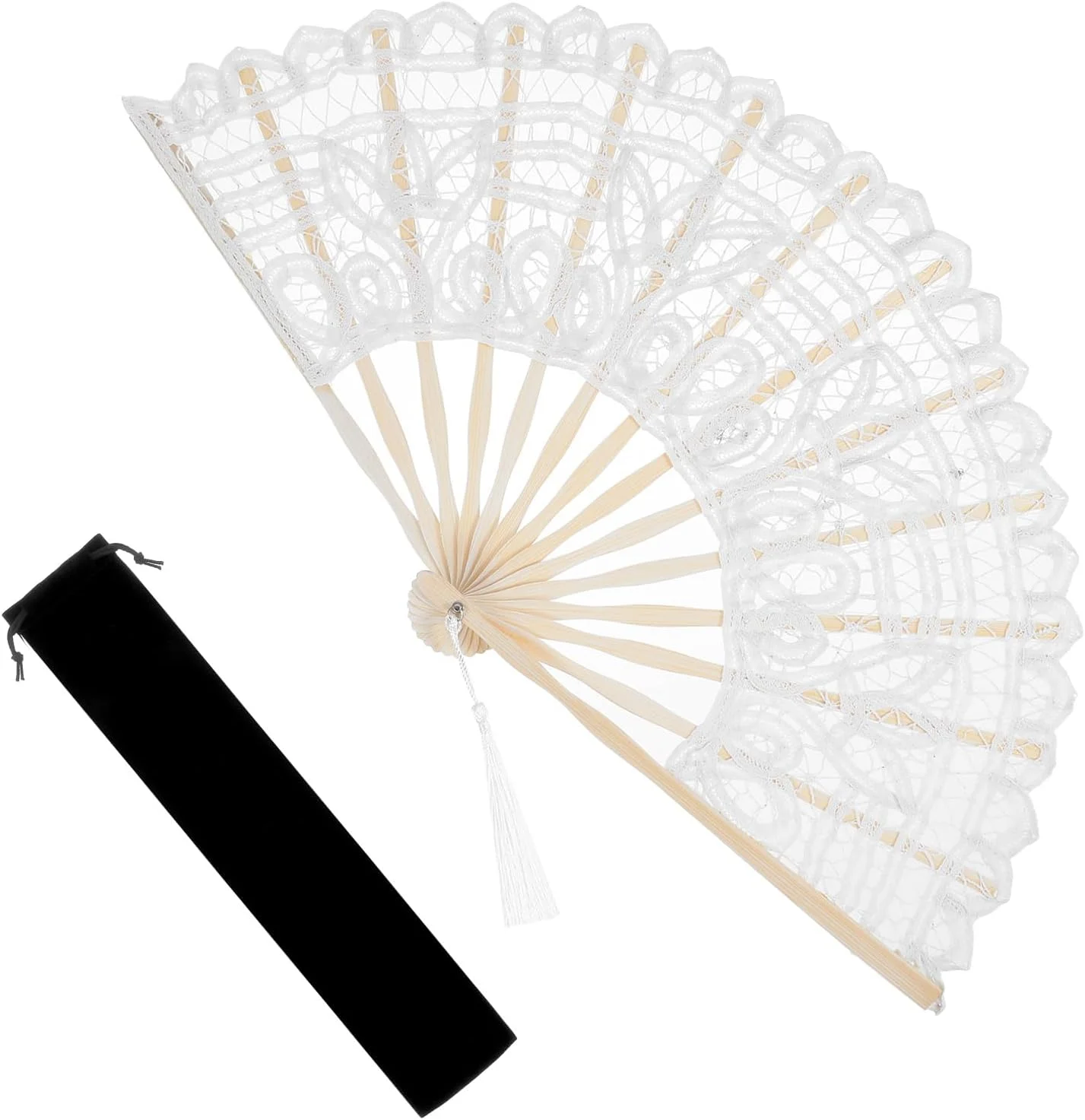 بادبزن عروسی با کیف نگهداری، بادبزن توری، سفید، بادبزن دستی تاشو، بادبزن عروس، بادبزن عروسی برای عروسی، دکوراسیون رقص، مهمانی لباس فانتزی