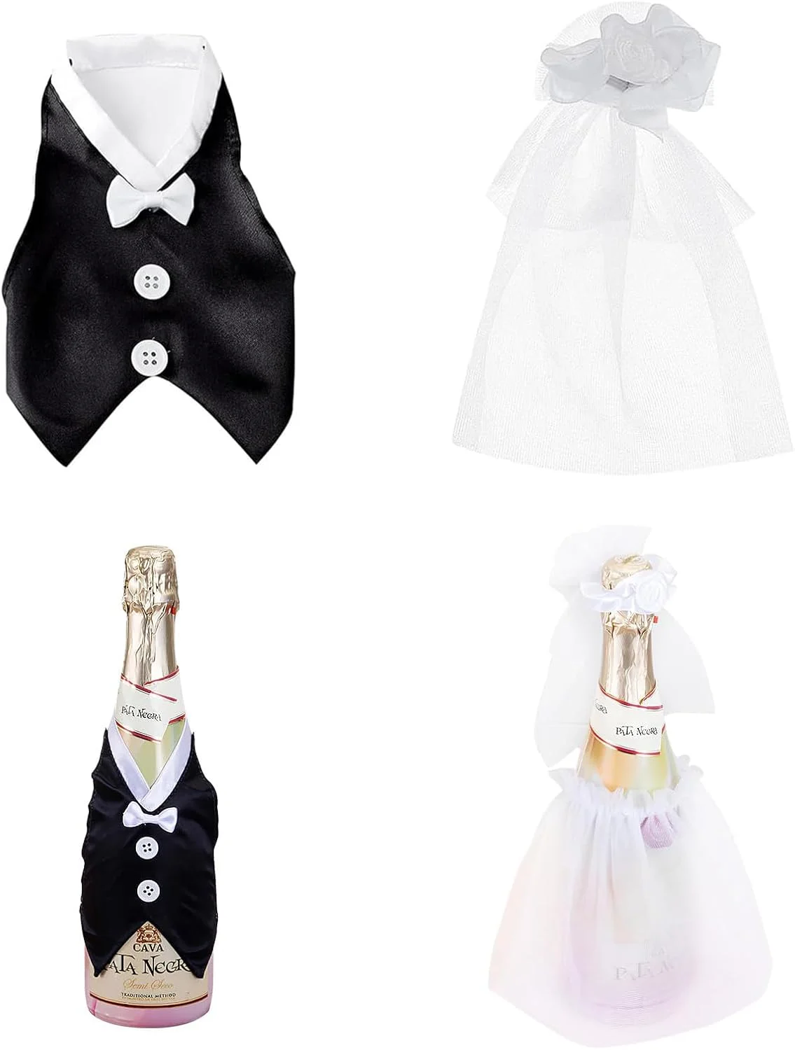 ست 2 عددی بطری شراب عروسی، تزئینات بطری عروس و داماد، تزئین بطری لباس عروس و کت و شلوار دامادی، تزئین میز