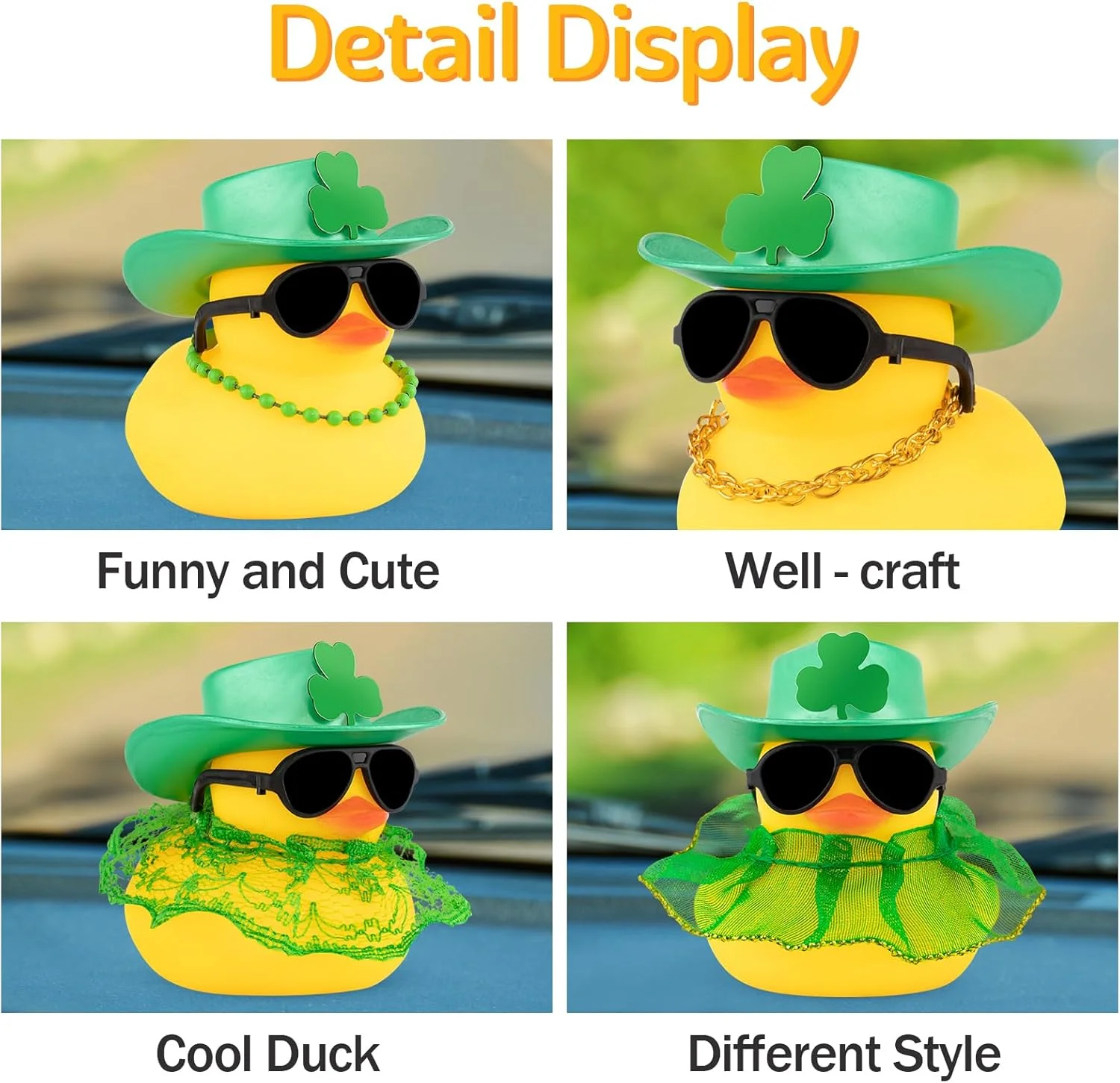 اردک لاستیکی Wonuu، تزئینات روز سنت پاتریک، لوازم مهمانی روز سنت پاتریک، اردک خوش شانس با کلاه شبدر سبز، تزئین اردک لاستیکی ماشین، لباس توری عینک آفتابی