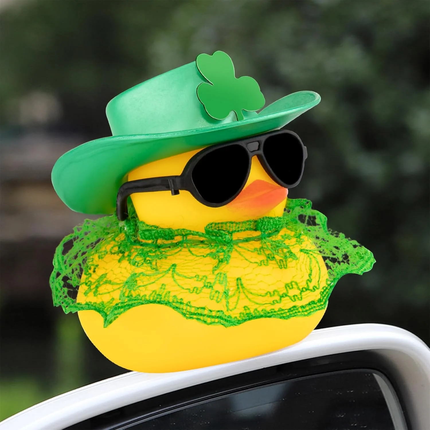 اردک لاستیکی Wonuu، تزئینات روز سنت پاتریک، لوازم مهمانی روز سنت پاتریک، اردک خوش شانس با کلاه شبدر سبز، تزئین اردک لاستیکی ماشین، لباس توری عینک آفتابی