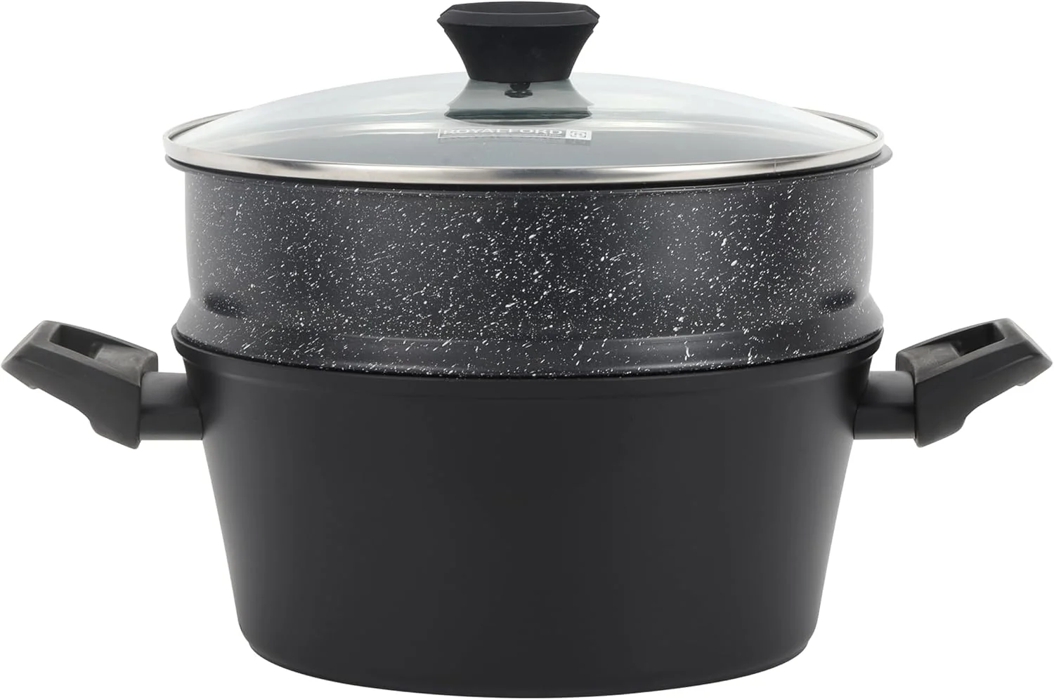 بخارپز آلومینیومی دو طبقه رویال فورد مدل RF12623 با کپسول در کف و درب شیشه ای، بخارپز آشپزخانه 24 سانتی متری، پخت و پز چند لایه با دسته در دو طرف، بخارپز کوفته، قابلمه غذا، بخارپز سبزیجات