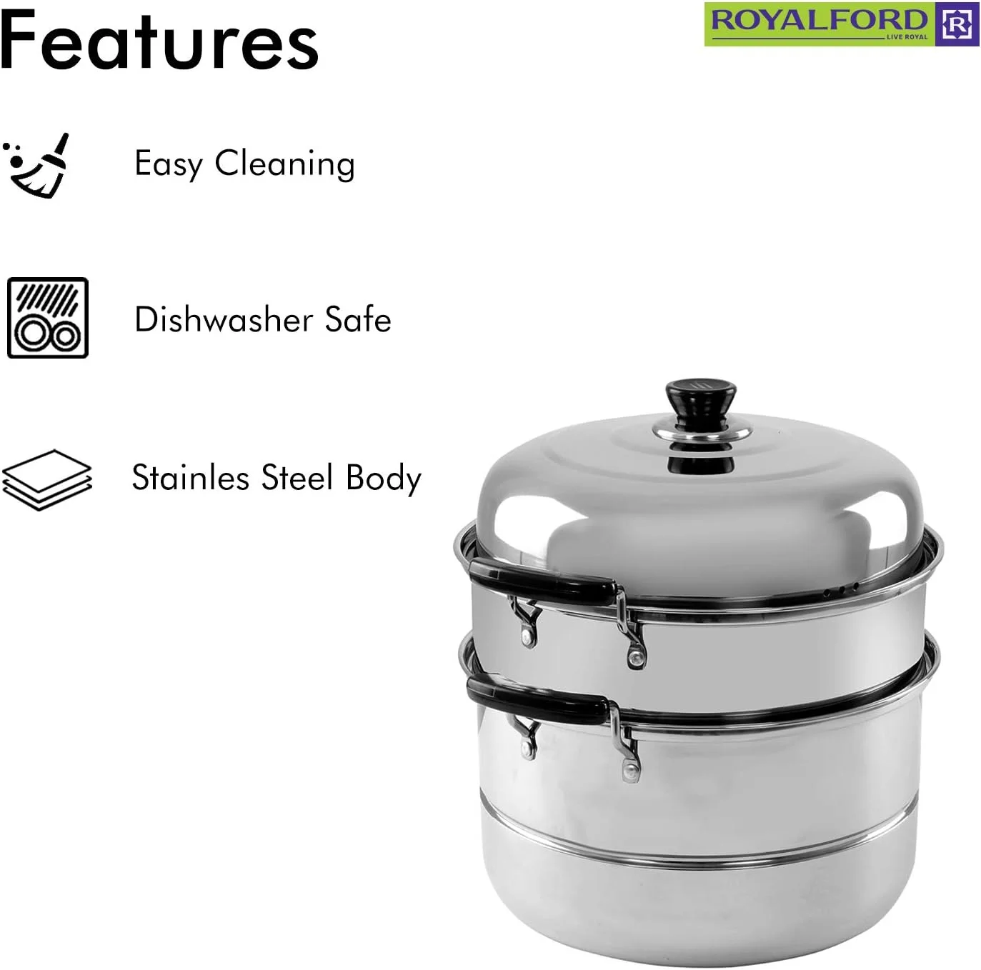 بخارپز استیل 3 طبقه بزرگ Royalford با درب | قابلمه دو لایه چند منظوره برای پخت و پز - دسته های لمسی خنک - طراحی شیک، رهاسازی آسان غذا و تمیز کردن - 9 لیتر