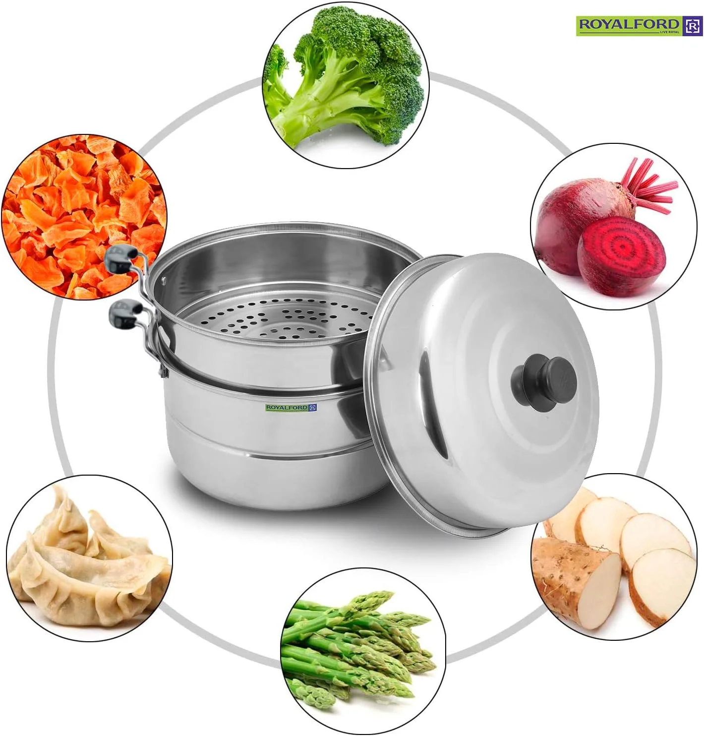 بخارپز استیل 3 طبقه بزرگ Royalford با درب | قابلمه دو لایه چند منظوره برای پخت و پز - دسته های لمسی خنک - طراحی شیک، رهاسازی آسان غذا و تمیز کردن - 9 لیتر