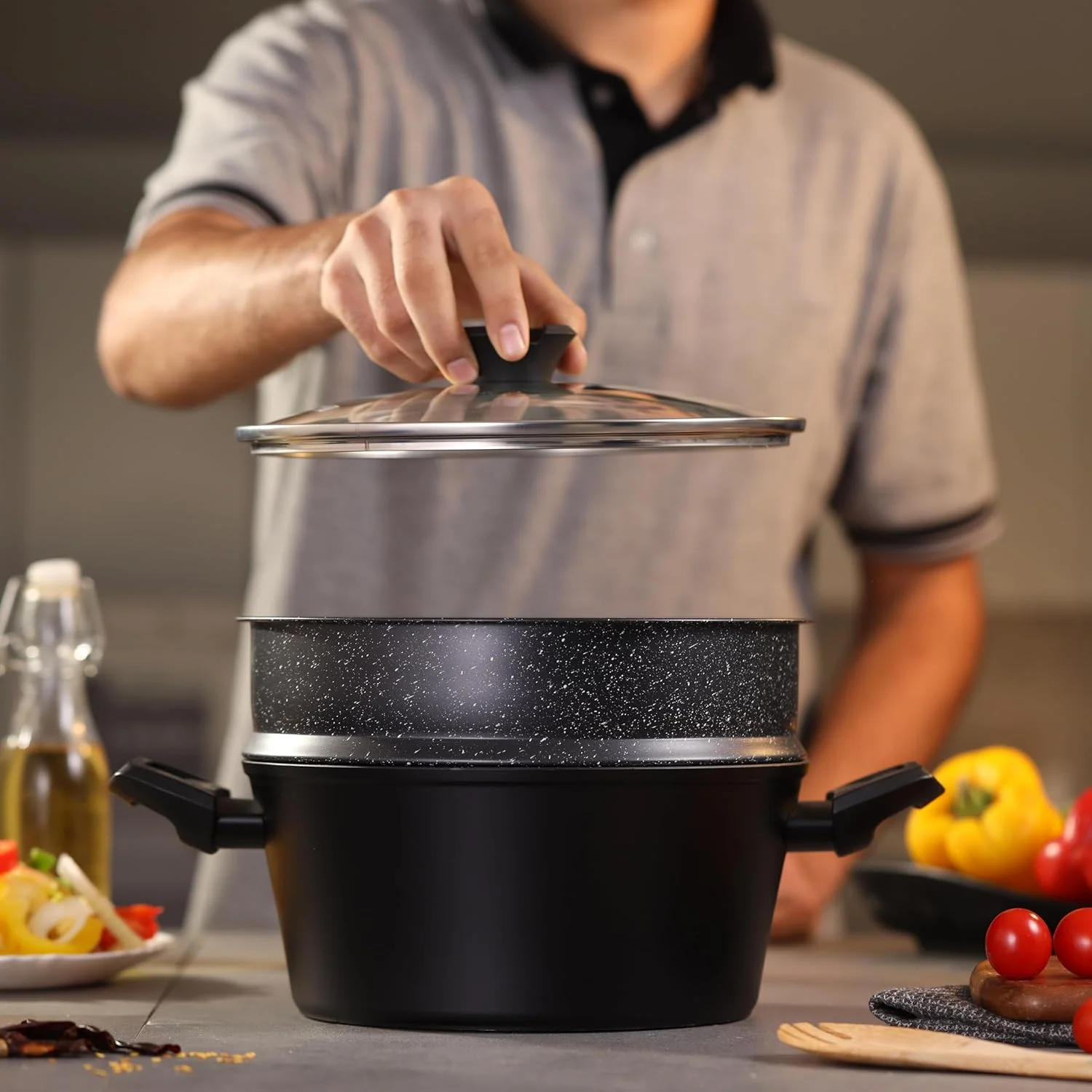بخارپز آلومینیومی دو طبقه رویال فورد مدل RF12623 با کپسول در کف و درب شیشه ای، بخارپز آشپزخانه 24 سانتی متری، پخت و پز چند لایه با دسته در دو طرف، بخارپز کوفته، قابلمه غذا، بخارپز سبزیجات