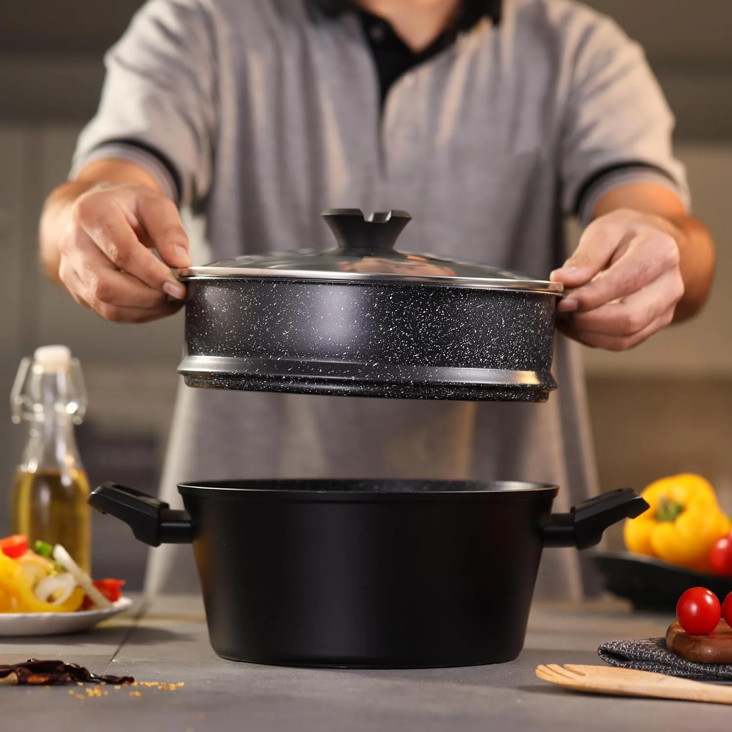 بخارپز آلومینیومی دو طبقه رویال فورد مدل RF12623 با کپسول در کف و درب شیشه ای، بخارپز آشپزخانه 24 سانتی متری، پخت و پز چند لایه با دسته در دو طرف، بخارپز کوفته، قابلمه غذا، بخارپز سبزیجات