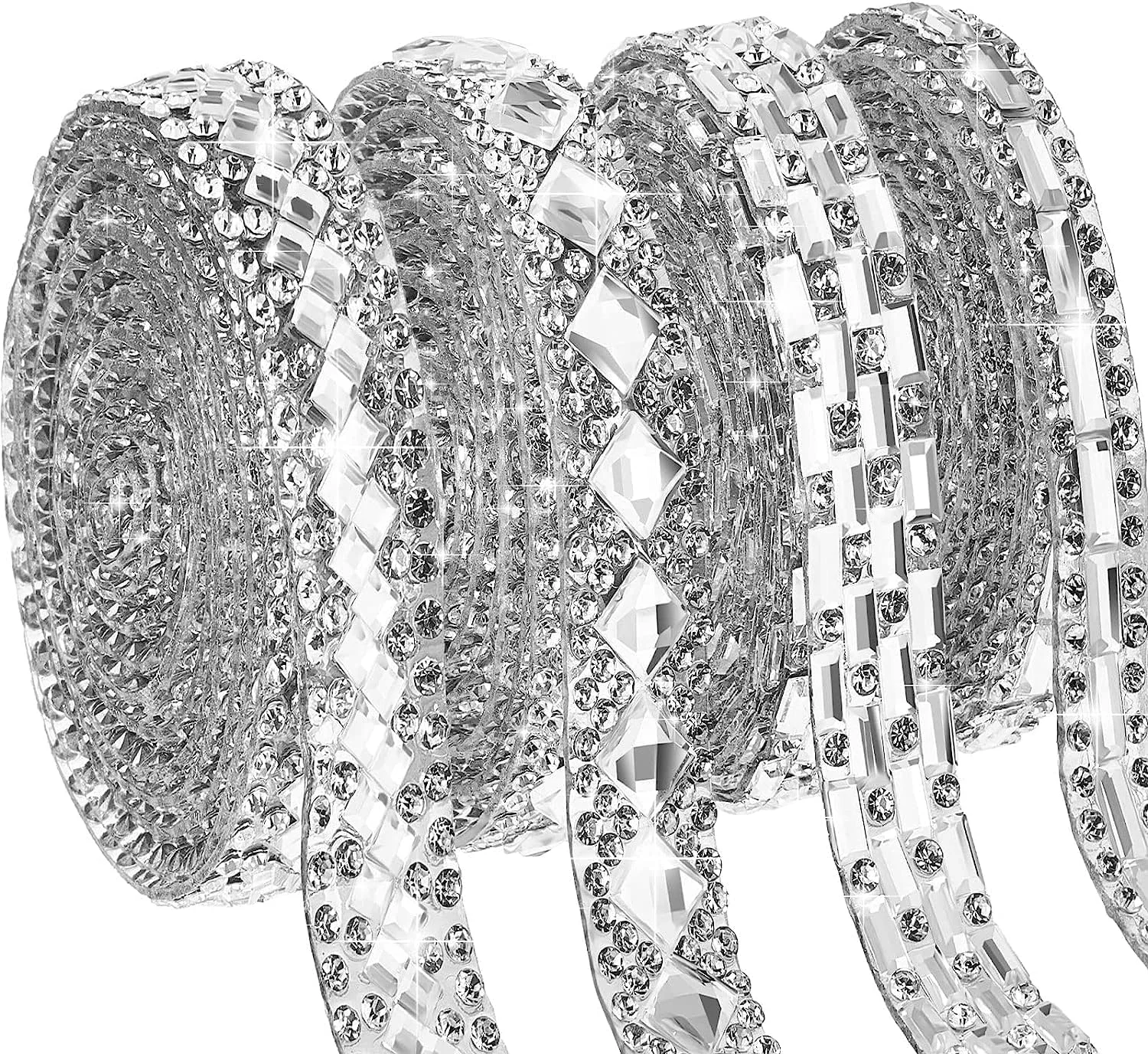 روبان های نگین دار خود چسب SYOSI، 4 یارد 4 مدل روبان نگین دار کریستالی براق، روبان های توری برای تزئینات لباس منزل، هنرهای دستی DIY تزئین تلفن ماشین، برای جشن تولد عروسی