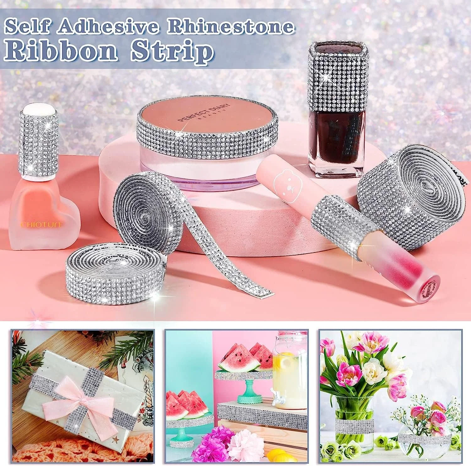 روبان های نگین دار خود چسب SYOSI، 4 یارد 4 مدل روبان نگین دار کریستالی براق، روبان های توری برای تزئینات لباس منزل، هنرهای دستی DIY تزئین تلفن ماشین، برای جشن تولد عروسی