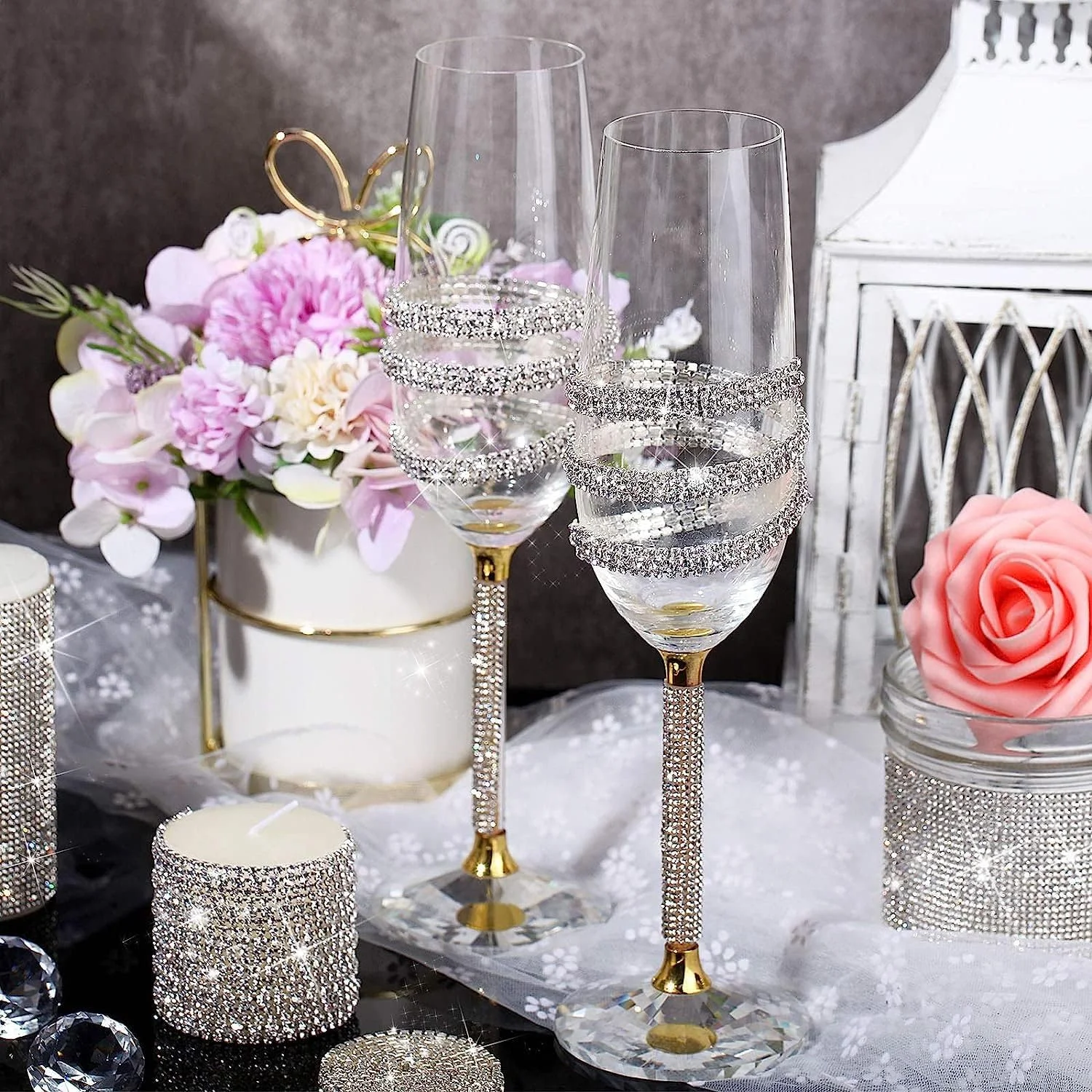 روبان های نگین دار خود چسب SYOSI، 4 یارد 4 مدل روبان نگین دار کریستالی براق، روبان های توری برای تزئینات لباس منزل، هنرهای دستی DIY تزئین تلفن ماشین، برای جشن تولد عروسی