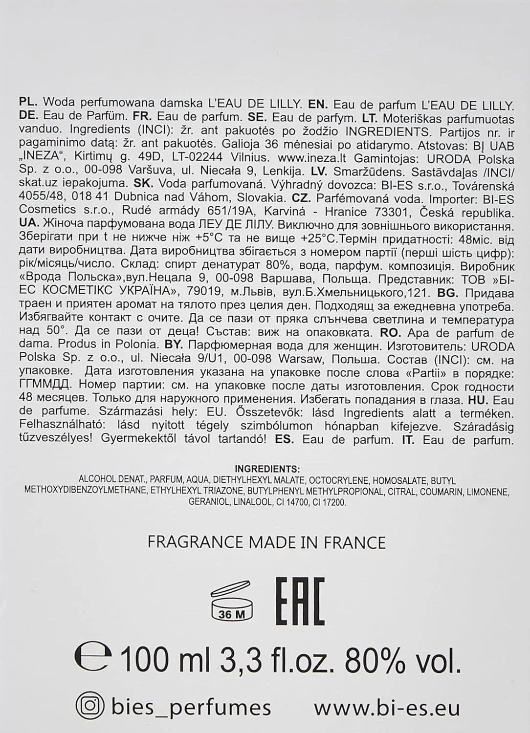 اسپری ادو پرفیوم زنانه BI-ES Lilly 100 میلی لیتر اسپری ادو پرفیوم زنانه BI-ES Lilly 100 میلی لیتر