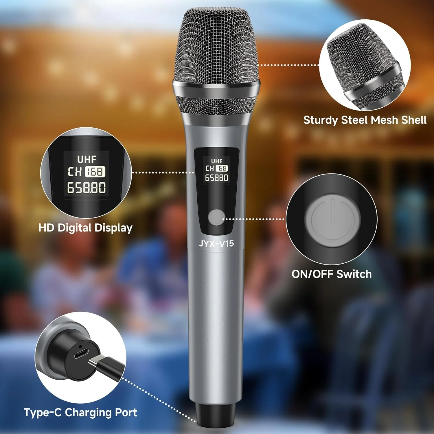 میکروفون بی سیم JYX، میکروفون دینامیک بی سیم دستی فلزی UHF قابل شارژ با گیرنده، مناسب برای کارائوکه خانگی، سخنرانی، کلیسا، عروسی، بلندگو، مهمانی (برد 160 فوت) میکروفون بی سیم JYX، میکروفون دینامیک بی سیم دستی فلزی UHF قابل شارژ با گیرنده، مناسب برای کارائوکه خانگی، سخنرانی، کلیسا، عروسی، بلندگو، مهمانی (برد 160 فوت)