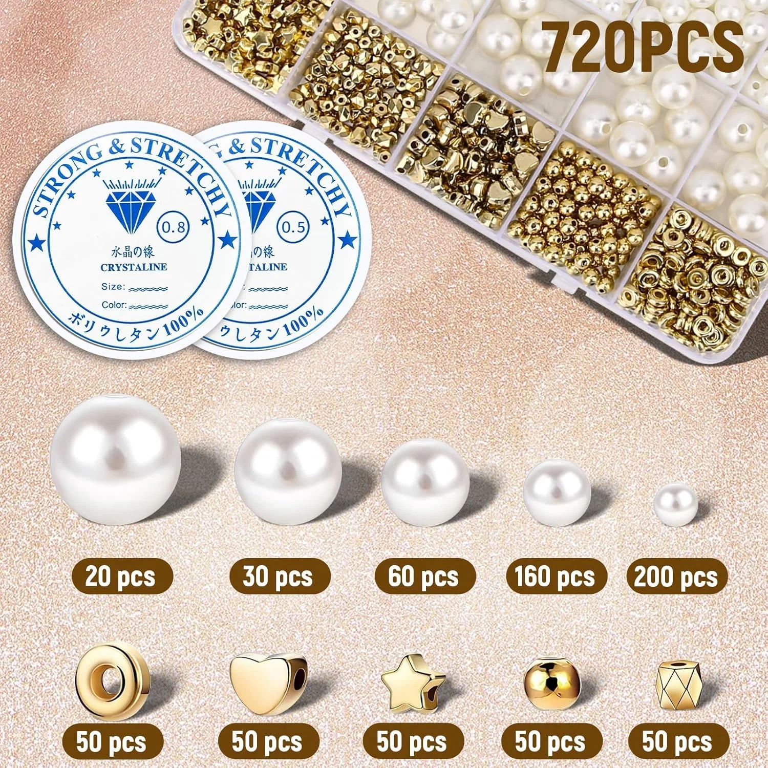 ست ساخت دستبند مهره ای KASTWAVE شامل 720 عدد مهره مروارید و طلایی، لوازم ساخت جواهرات برای علاقه مندان به DIY و مبتدیان، برای ساخت گردنبند و اکسسوری های سفارشی