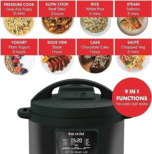 زودپز چندکاره Instant Pot Duo Plus با عملکرد فوق العاده آرام 9 در 1: پخت تحت فشار، پخت آرام، پخت برنج، بخارپز، تفت دادن، تهیه ماست، سو وید، پخت کیک، گرم نگه داشتن. درب قابل شستشو در ماشین ظرفشویی، 2 سال گارانتی سازنده