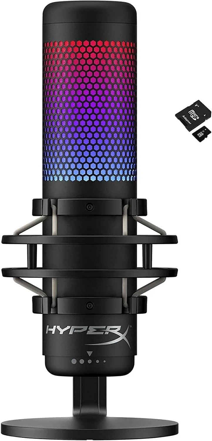 میکروفون USB کاندنسر RGB هایپرایکس QuadCast S برای PC، PS4، PS5 و Mac، دارای پایه ضد لرزش، 4 الگوی قطبی، فیلتر پاپ، کنترل گین، مناسب برای بازی، استریم، پادکست، به همراه کارت حافظه Micro SD کوالی‌کیبل