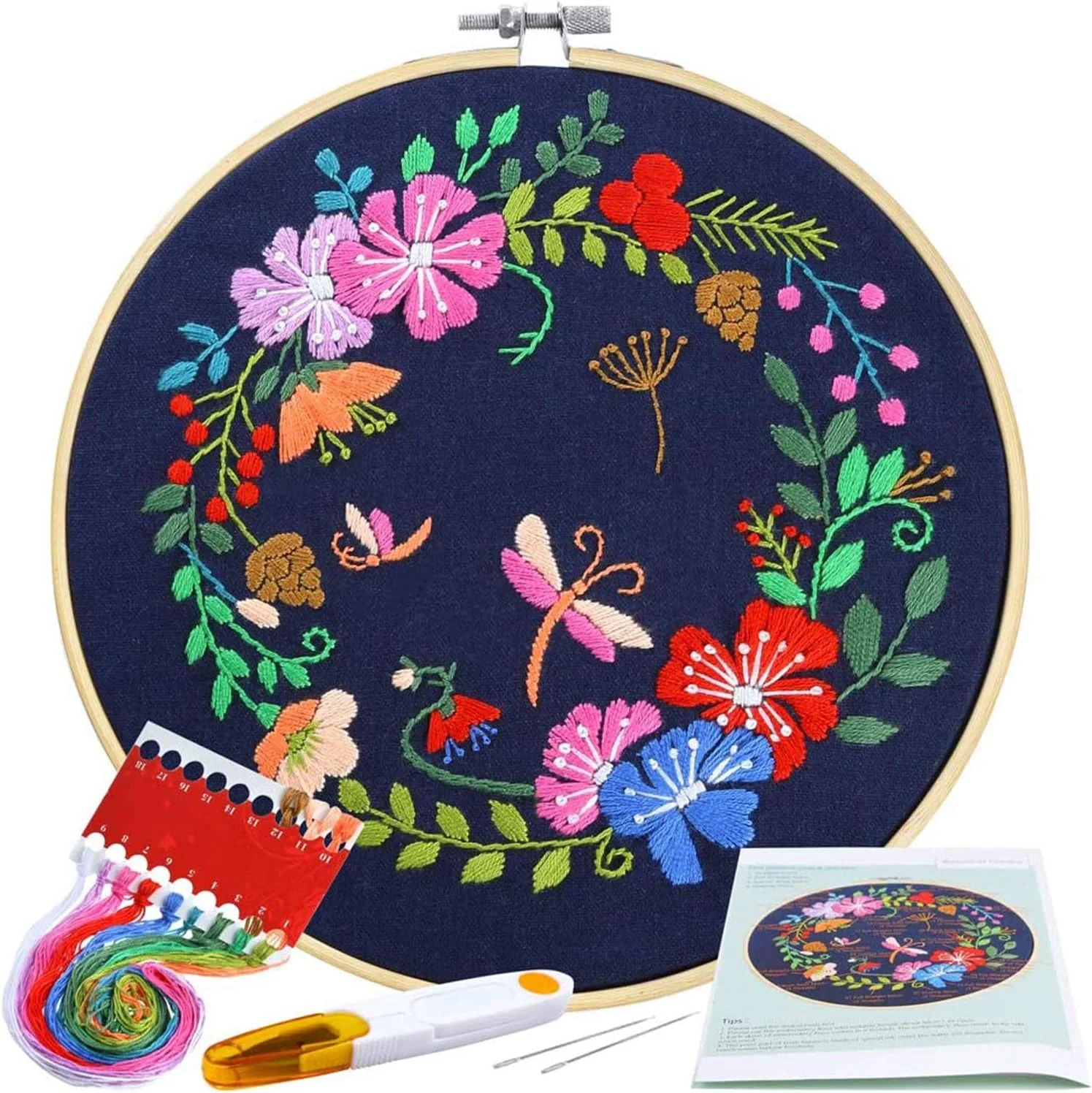 ست کامل مبتدی گلدوزی ELECDON Pllieay با طرح و دستورالعمل شامل پارچه گلدوزی با طرح باغ گیاه شناسی، حلقه گلدوزی بامبو 20 سانتی متری، نخ های رنگی و ابزار