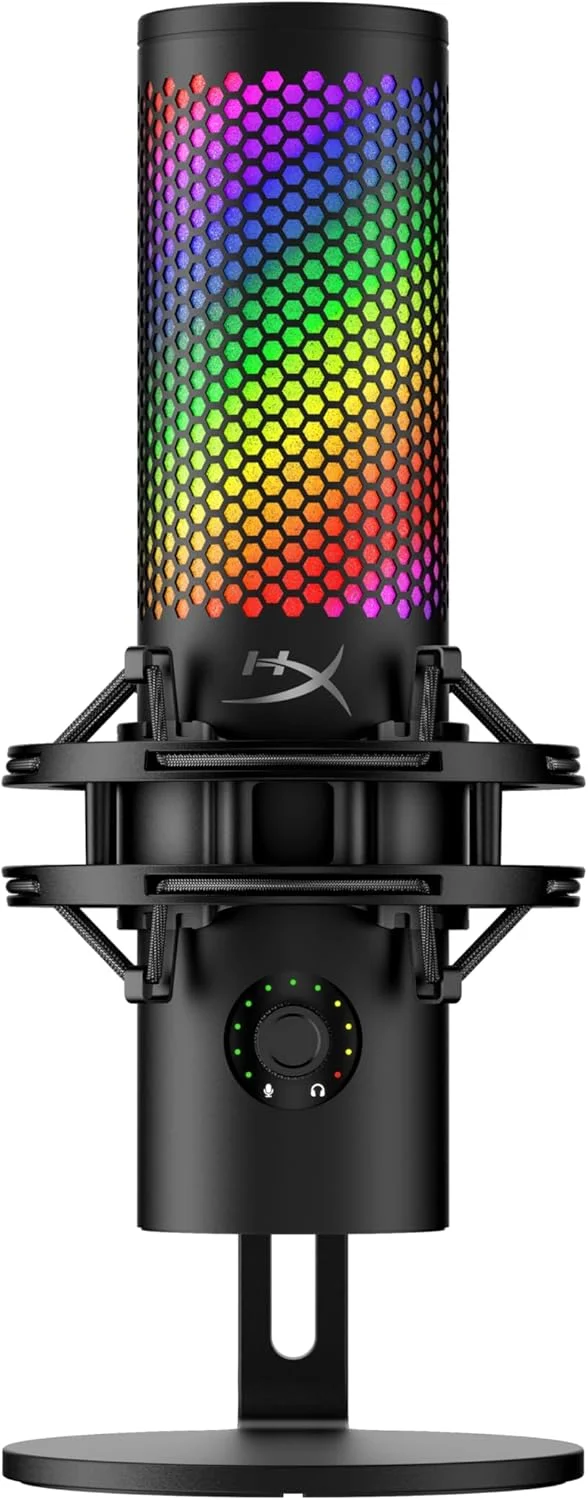 میکروفون USB هایپرایکس QuadCast 2 S - با نورپردازی RGB، مناسب استریم و پادکست، با کنترل‌های داخلی، نورپردازی LED، پایه ضد لرزش قابل جدا شدن، سازگار با PC، Mac، USB-C - مشکی