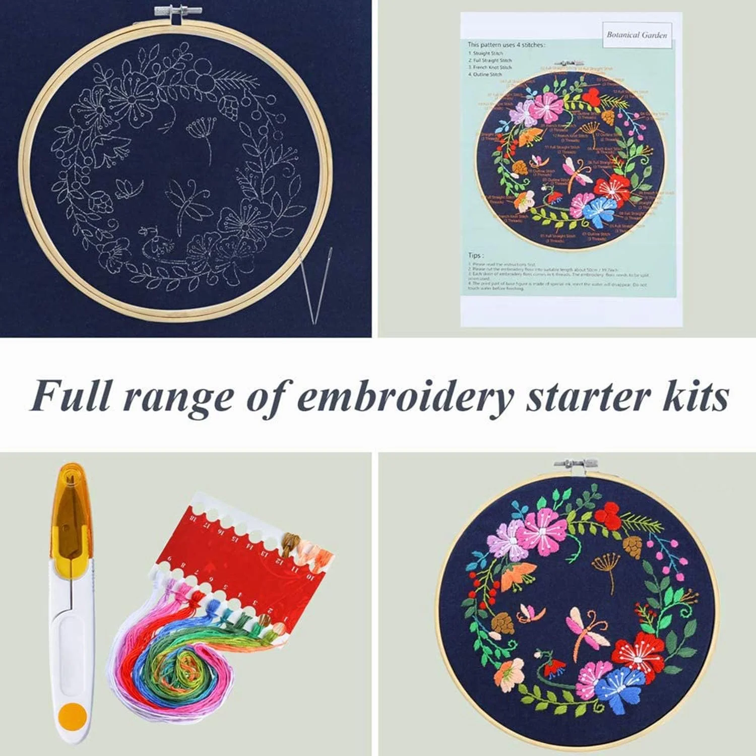 ست کامل مبتدی گلدوزی ELECDON Pllieay با طرح و دستورالعمل شامل پارچه گلدوزی با طرح باغ گیاه شناسی، حلقه گلدوزی بامبو 20 سانتی متری، نخ های رنگی و ابزار