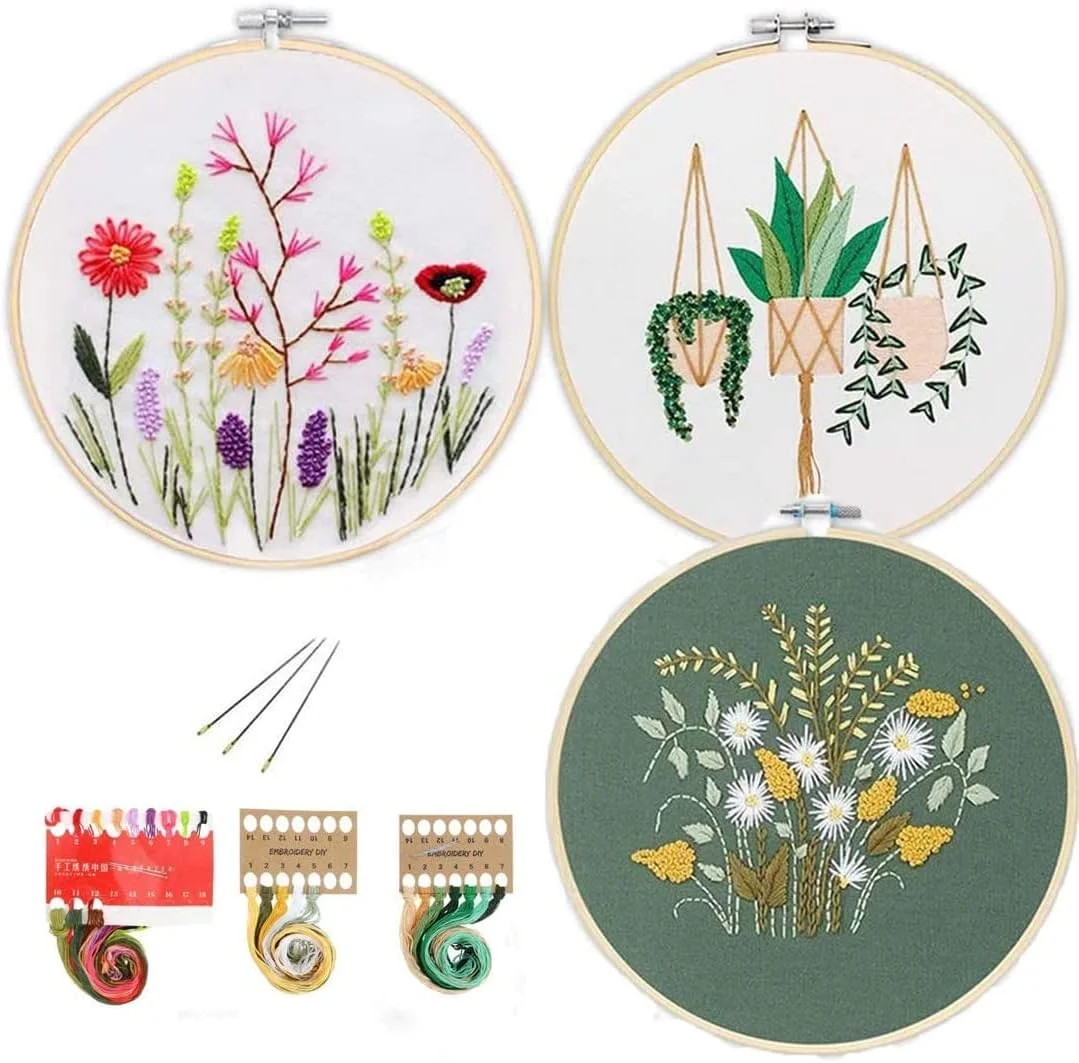 ست کامل لوازم اولیه گلدوزی ELECDON با الگوها و دستورالعمل ها، شامل پارچه گلدوزی با طرح گل، 3 عدد حلقه گلدوزی پلاستیکی، نخ های رنگی و ابزار