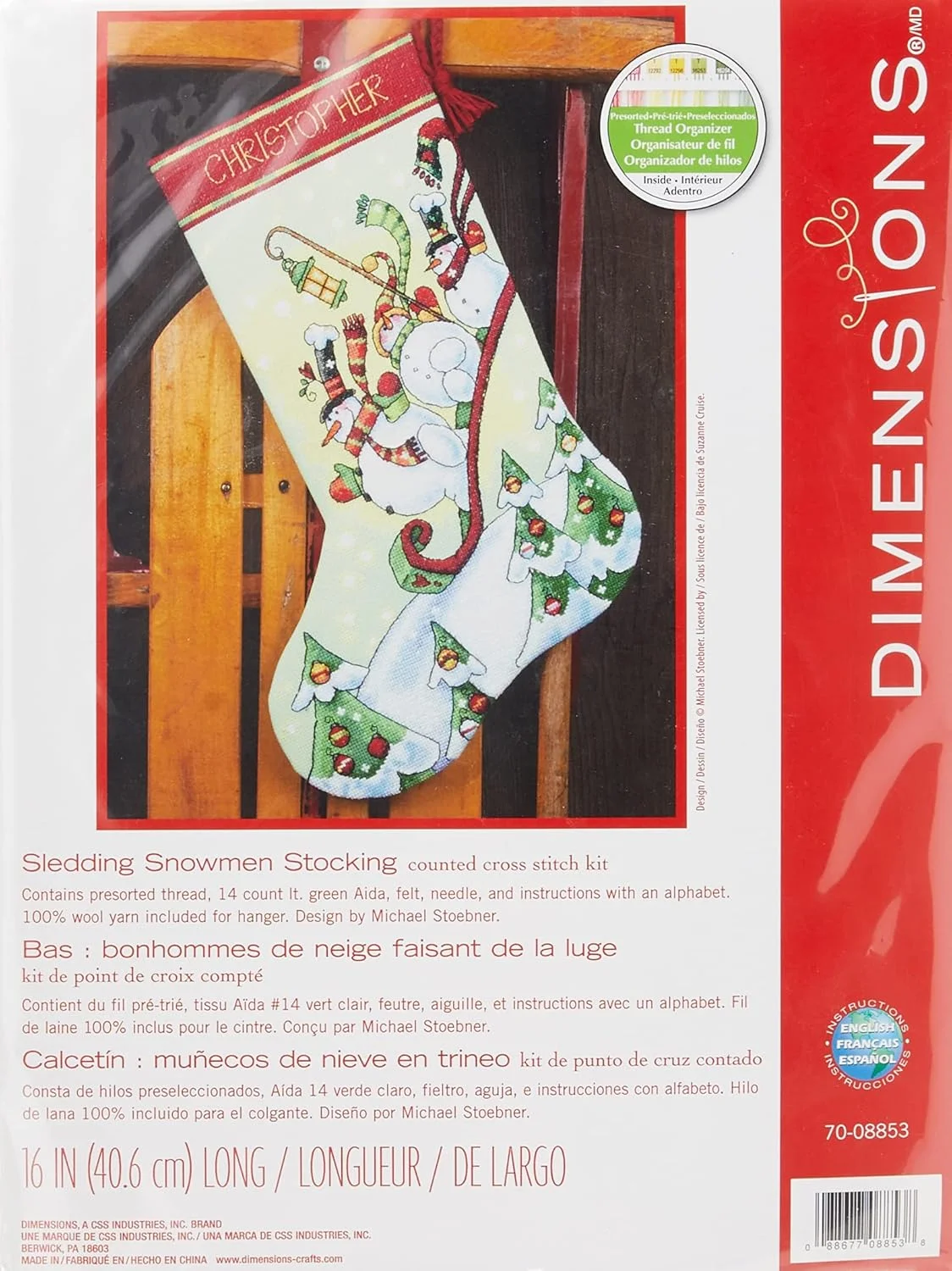 کیت گلدوزی شماره دوزی Dimensions طرح 'آدم برفی سورتمه سوار' جوراب کریسمس شخصی سازی شده، 16 اینچ