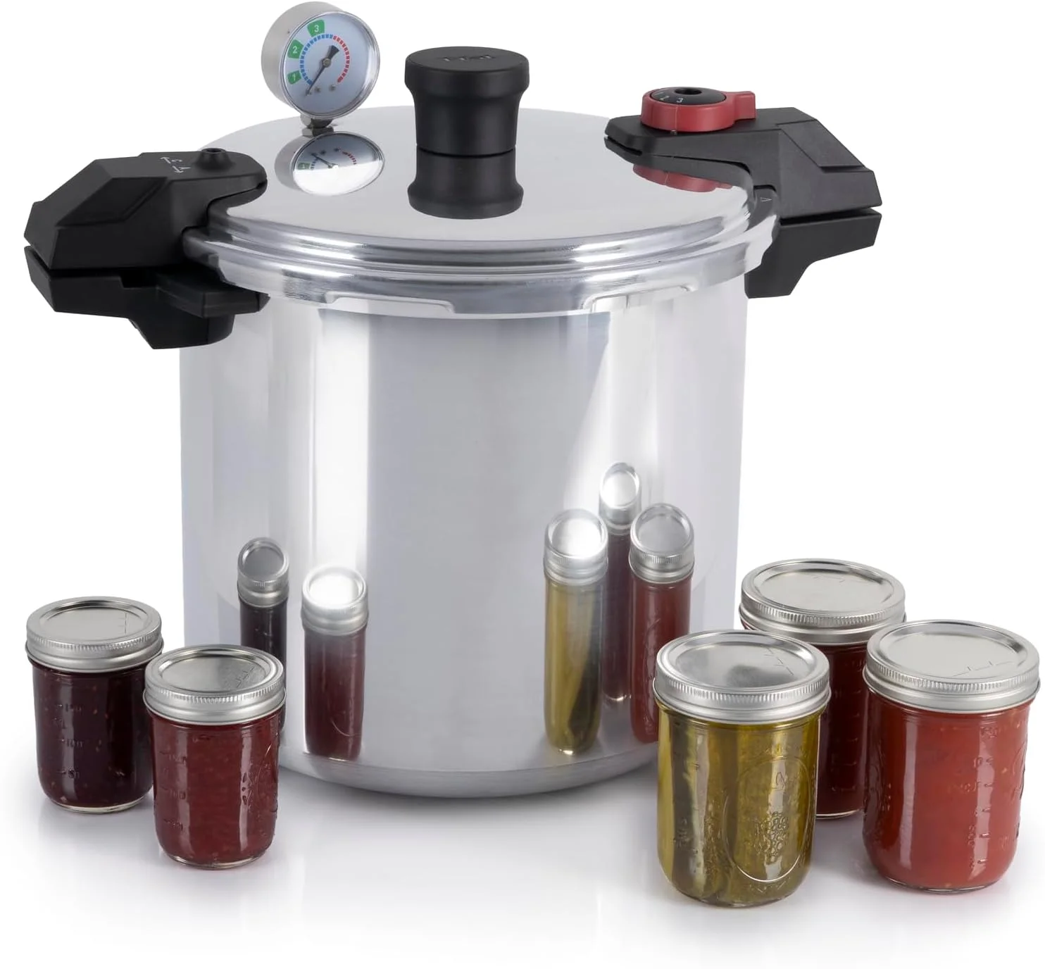 زودپز آلومینیومی T-fal، دیگ زودپز ۲۲ کوارت، ۳ تنظیمات PSI، ظروف پخت و پز، قابلمه و تابه، ظرفیت بزرگ، قفسه های خنک کننده، دفترچه دستور العمل، کنسرو کردن سبزیجات، گوشت، مرغ، غذاهای دریایی، نقره ای