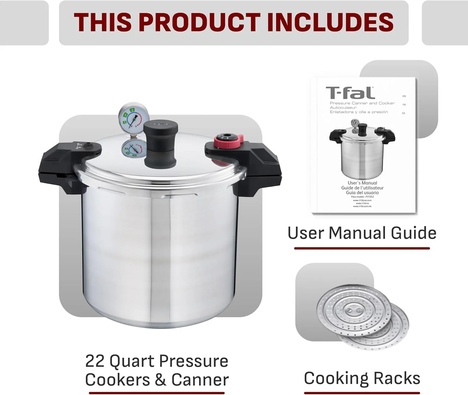 زودپز آلومینیومی T-fal، دیگ زودپز ۲۲ کوارت، ۳ تنظیمات PSI، ظروف پخت و پز، قابلمه و تابه، ظرفیت بزرگ، قفسه های خنک کننده، دفترچه دستور العمل، کنسرو کردن سبزیجات، گوشت، مرغ، غذاهای دریایی، نقره ای