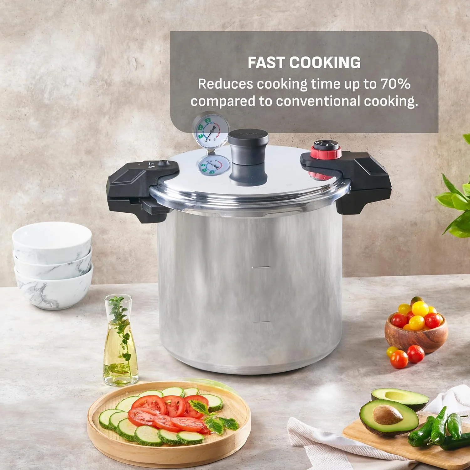 زودپز آلومینیومی T-fal، دیگ زودپز ۲۲ کوارت، ۳ تنظیمات PSI، ظروف پخت و پز، قابلمه و تابه، ظرفیت بزرگ، قفسه های خنک کننده، دفترچه دستور العمل، کنسرو کردن سبزیجات، گوشت، مرغ، غذاهای دریایی، نقره ای