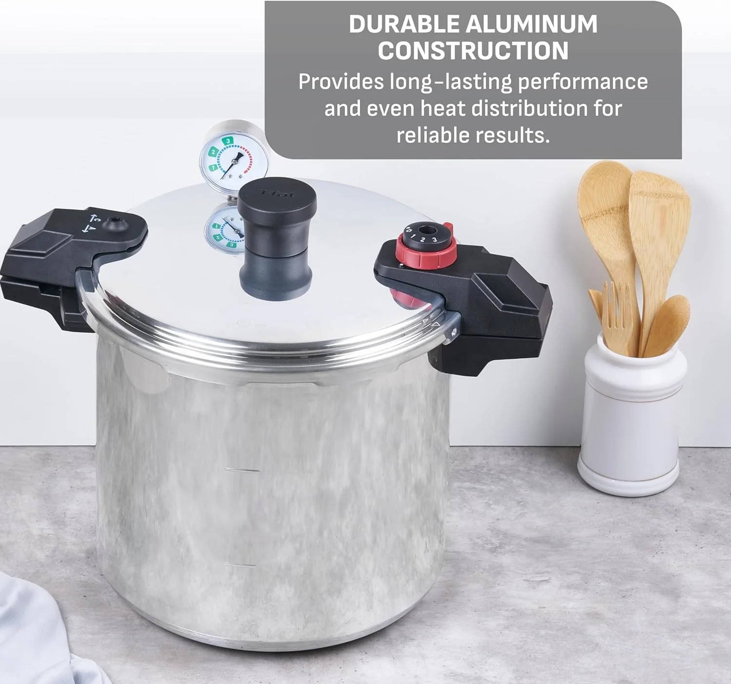 زودپز آلومینیومی T-fal، دیگ زودپز ۲۲ کوارت، ۳ تنظیمات PSI، ظروف پخت و پز، قابلمه و تابه، ظرفیت بزرگ، قفسه های خنک کننده، دفترچه دستور العمل، کنسرو کردن سبزیجات، گوشت، مرغ، غذاهای دریایی، نقره ای