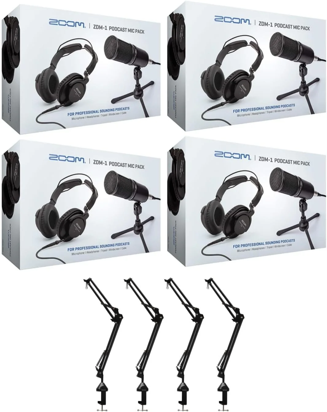 پکیج میکروفون پادکست 4 نفره Zoom ZDM-1 به همراه هدفون، کابل میکروفون، بازوهای بوم و بازوی بوم (4 عدد) (8 قطعه)