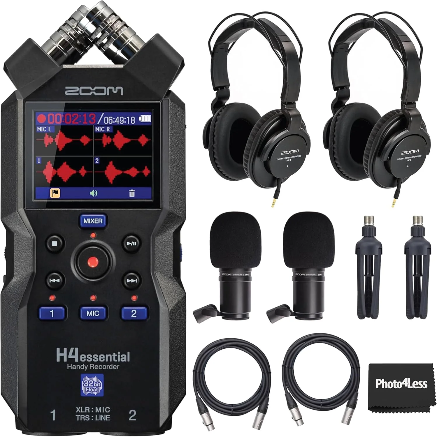 بسته ضبط کننده دستی 4 مسیره زوم مدل H4essential به همراه 2 عدد میکروفون دینامیک پادکست زوم مدل ZDM-1، هدفون ZHP-1، سه پایه TPS-4، بادگیر و کابل XLR