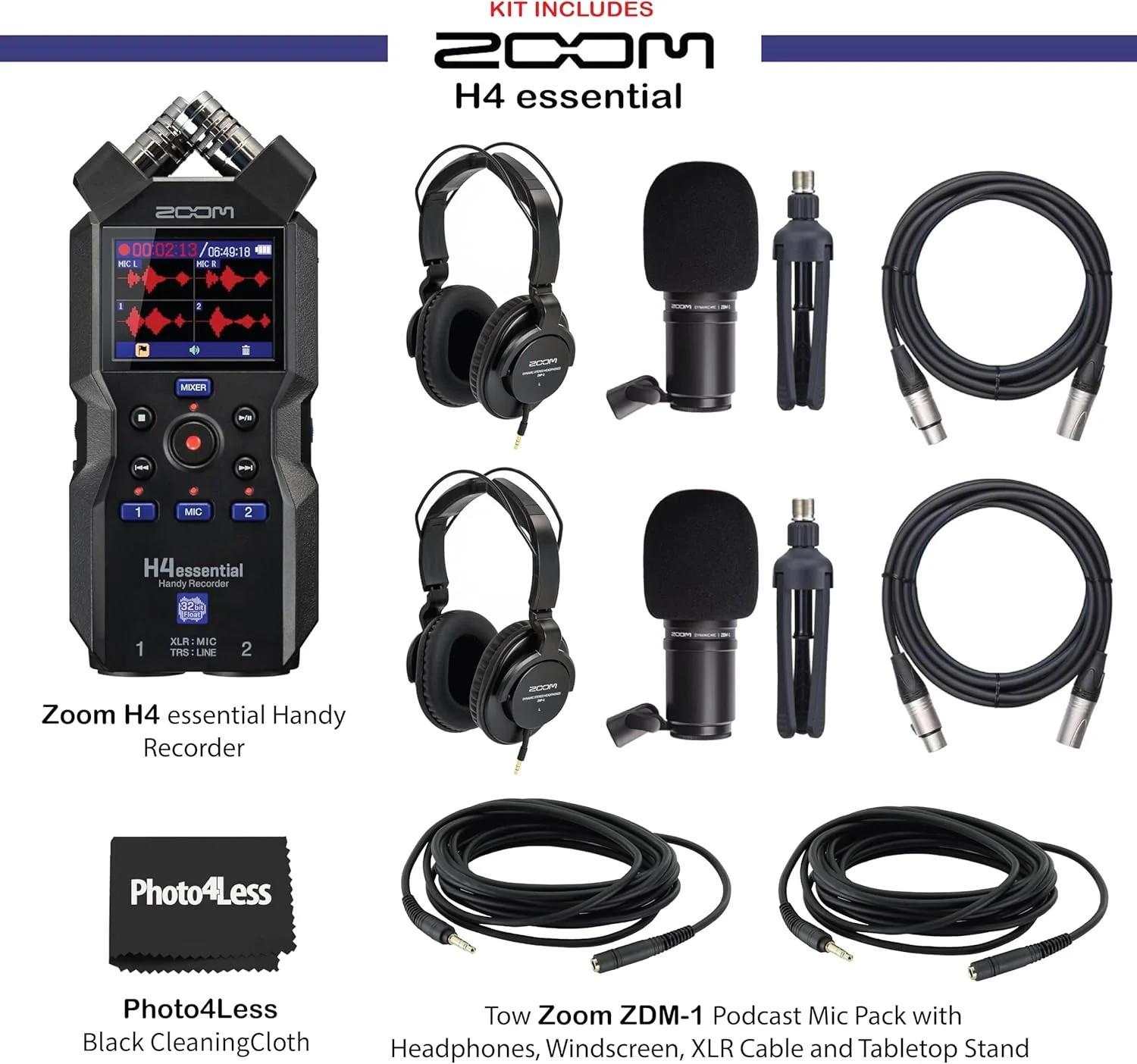 بسته ضبط کننده دستی 4 مسیره زوم مدل H4essential به همراه 2 عدد میکروفون دینامیک پادکست زوم مدل ZDM-1، هدفون ZHP-1، سه پایه TPS-4، بادگیر و کابل XLR بسته ضبط کننده دستی 4 مسیره زوم مدل H4essential به همراه 2 عدد میکروفون دینامیک پادکست زوم مدل ZDM-1، هدفون ZHP-1، سه پایه TPS-4، بادگیر و کابل XLR