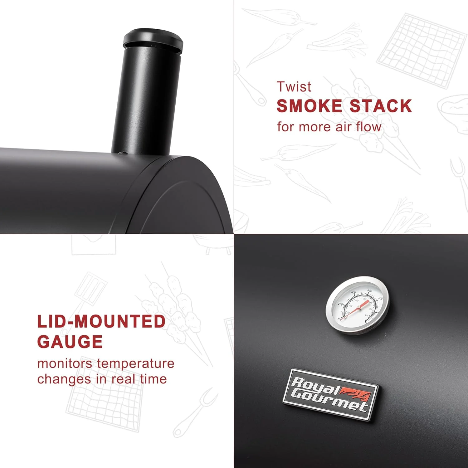 باربیکیو زغالی بشکه ای رویال گورمت مدل CC1830W با میز جانبی، 627 اینچ مربع، مناسب فضای باز، حیاط، پاسیو و مهمانی ها، مشکی