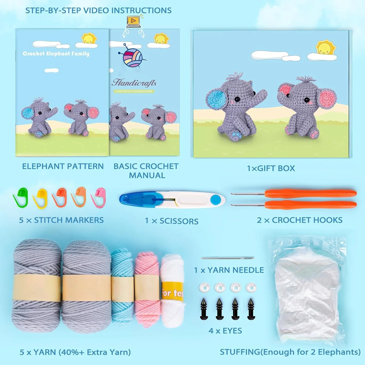 کیت قلاب بافی KASTWAVE برای مبتدیان، کیت استارتر قلاب بافی مبتدی با آموزش های ویدئویی گام به گام، کیت های آموزش قلاب بافی برای بزرگسالان و کودکان، لوازم بافندگی DIY، بسته 2 عددی خانواده فیل (40%+ نخ)