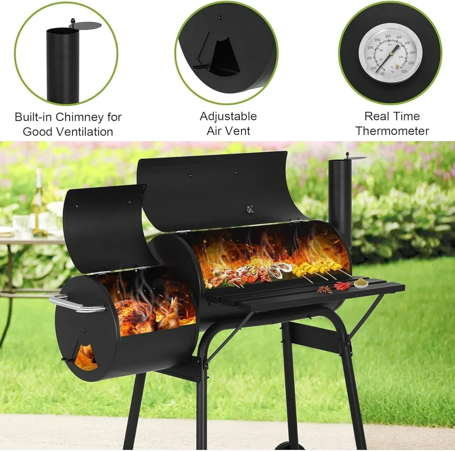 باربیکیو ذغالی MOMENT با اسموکر جانبی، 110 x 53 x 116 سانتیمتر، سطح پخت و پز، باربیکیو فضای باز با میز جانبی برای حیاط خلوت، پاسیو و مهمانیها، مشکی باربیکیو ذغالی MOMENT با اسموکر جانبی، 110 x 53 x 116 سانتیمتر، سطح پخت و پز، باربیکیو فضای باز با میز جانبی برای حیاط خلوت، پاسیو و مهمانیها، مشکی