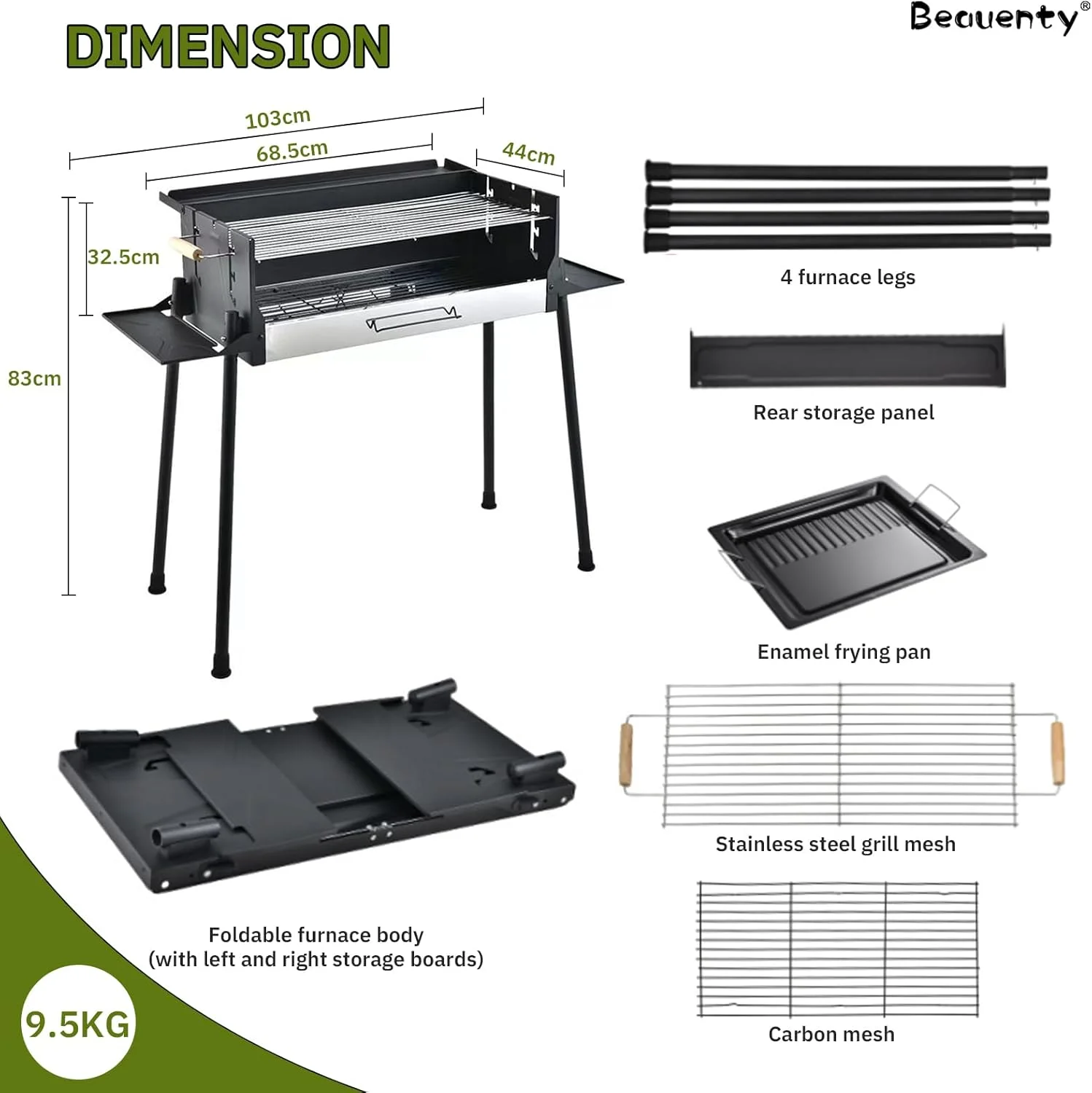 ست کباب پز ذغالی Beauenty، کباب پز ذغالی استیل ضد زنگ قابل حمل، ست کباب پز ذغالی باربیکیو برای پخت و پز در فضای باز، کمپینگ، پیک نیک، تابه بزرگ پخت برای مهمانی های چند نفره ایده آل است (مشکی 1)