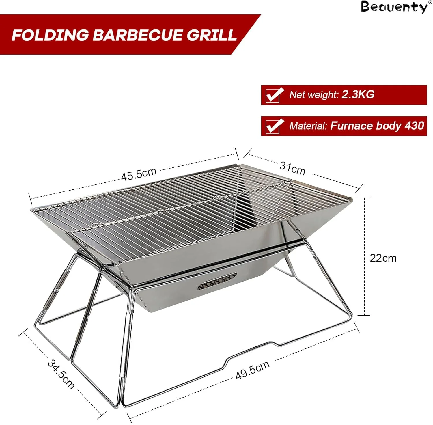 اجاق گاز باربیکیو تاشو فضای باز Beauenty، گریل های باربیکیو کمپینگ، گریل هیزمی، اجاق گاز ذغالی استیل ضد زنگ قابل حمل برای کمپینگ، پیک نیک، پیاده روی (AC-03)