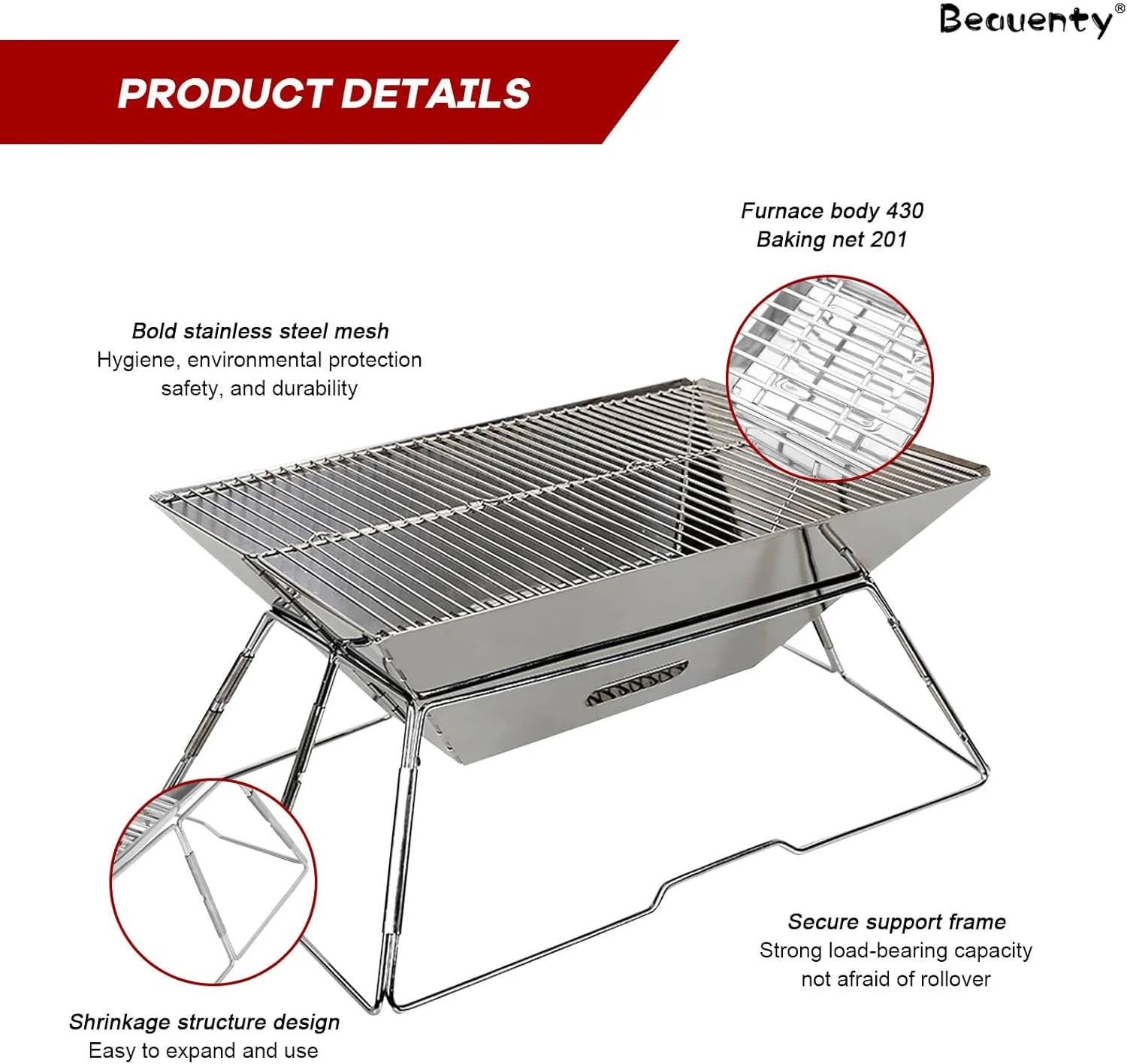 اجاق گاز باربیکیو تاشو فضای باز Beauenty، گریل های باربیکیو کمپینگ، گریل هیزمی، اجاق گاز ذغالی استیل ضد زنگ قابل حمل برای کمپینگ، پیک نیک، پیاده روی (AC-03)