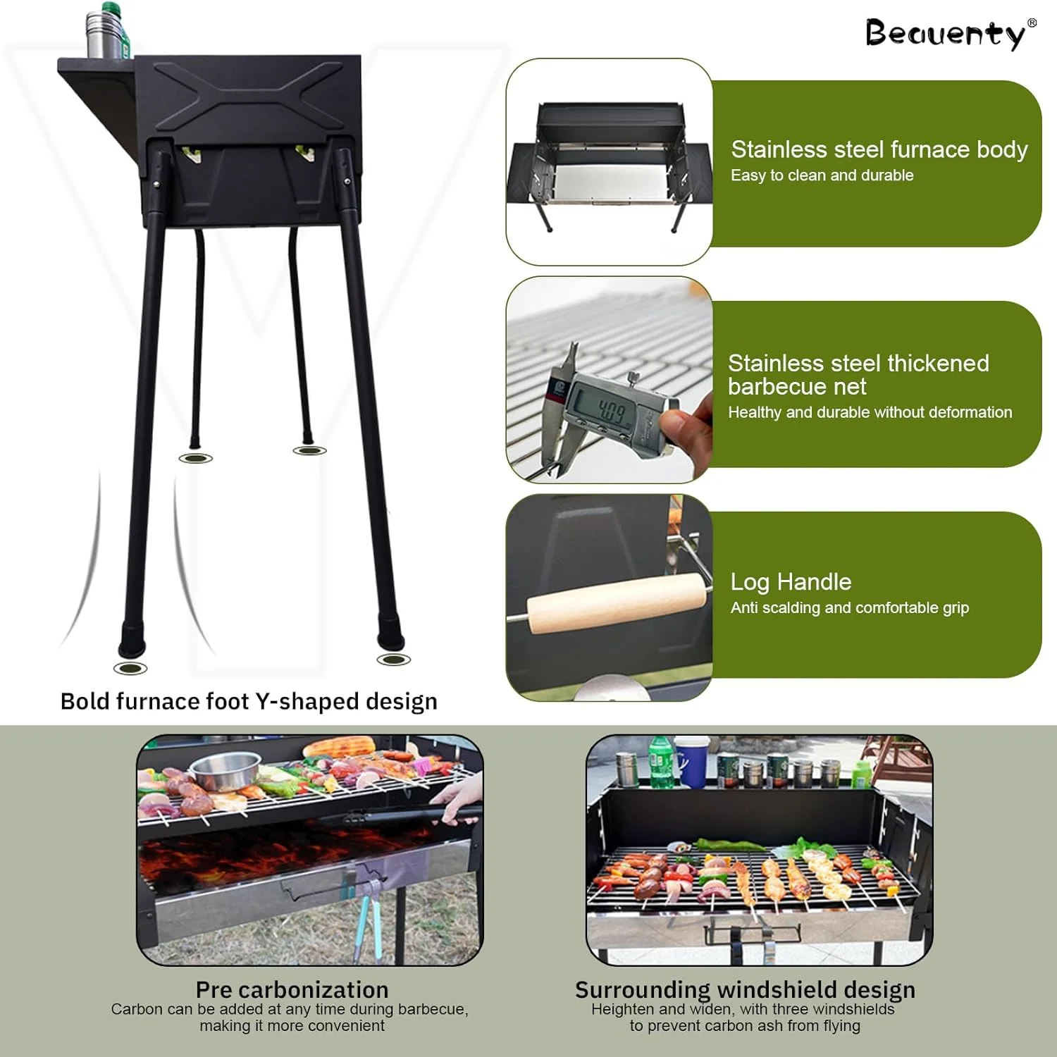 ست کباب پز ذغالی Beauenty، کباب پز ذغالی استیل ضد زنگ قابل حمل، ست کباب پز ذغالی باربیکیو برای پخت و پز در فضای باز، کمپینگ، پیک نیک، تابه بزرگ پخت برای مهمانی های چند نفره ایده آل است (مشکی 1)