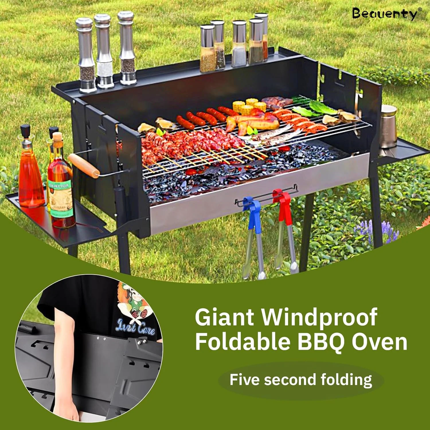 ست کباب پز ذغالی Beauenty، کباب پز ذغالی استیل ضد زنگ قابل حمل، ست کباب پز ذغالی باربیکیو برای پخت و پز در فضای باز، کمپینگ، پیک نیک، تابه بزرگ پخت برای مهمانی های چند نفره ایده آل است (مشکی 1)
