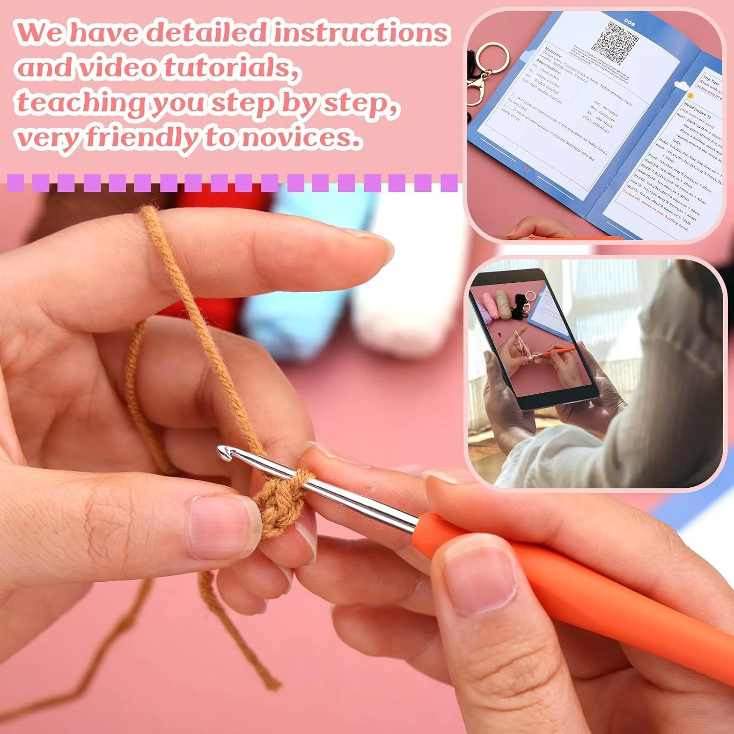 ست های قلاب بافی KASTWAVE برای مبتدیان بزرگسال، کیت بافندگی مبتدی، ست قلاب بافی برای مبتدیان با توله سگ قهوه ای، نخ قلاب بافی، کیف نگهداری، جاکلیدی قلاب بافی، ویدیوی دستورالعمل گام به گام، قهوه ای