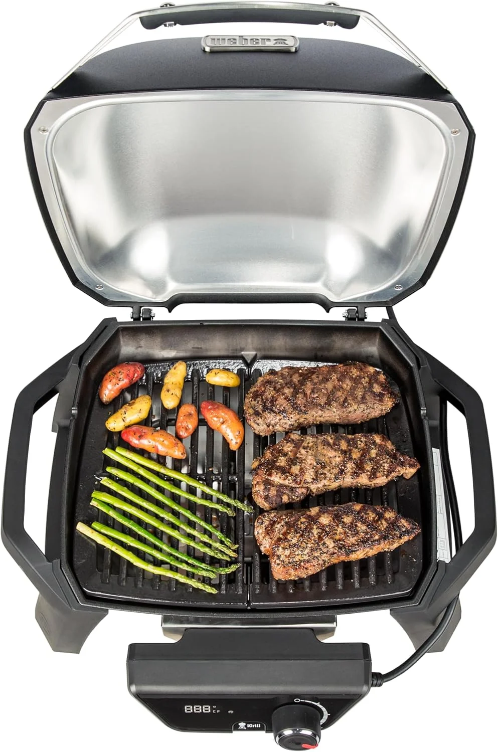 باربیکیو برقی Weber Pulse 1000، سطح گریل 41 x 31 سانتی متر، دماهای بالای 300 درجه سانتیگراد، کنترلر و دماسنج دیجیتال دما، گریل چدنی با روکش لعابی چینی - مشکی (81010079)