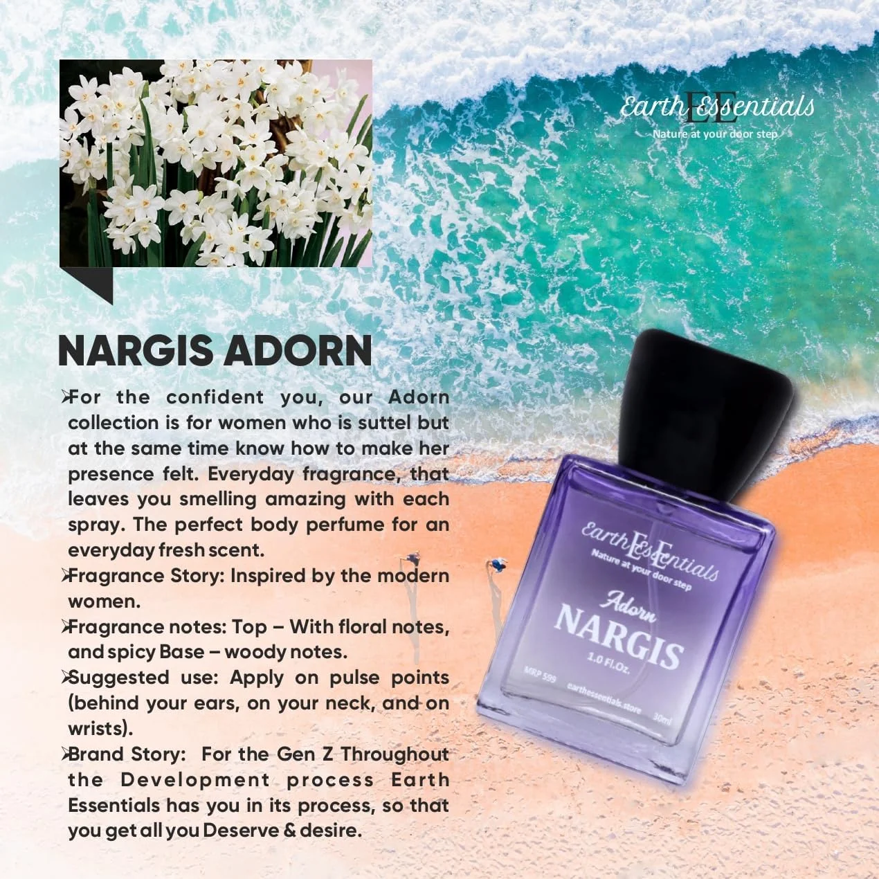 عطر زنانه Earth Essentials Nargis Adorn - رایحه ای طبیعی، ماندگار، گلی و ادویه ای با پایه چوبی، عطری ظریف برای استفاده روزمره، مناسبت های خاص، روز ولنتاین و تولد - 50 میلی لیتر، بسته 1 عددی عطر زنانه Earth Essentials Nargis Adorn - رایحه ای طبیعی، ماندگار، گلی و ادویه ای با پایه چوبی، عطری ظریف برای استفاده روزمره، مناسبت های خاص، روز ولنتاین و تولد - 50 میلی لیتر، بسته 1 عددی