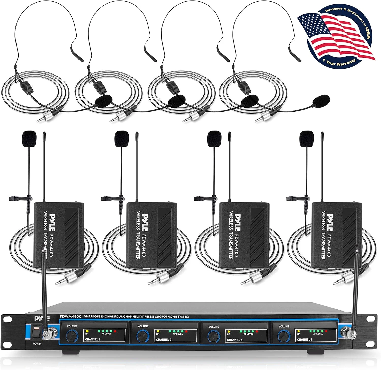 سیستم میکروفون بی سیم 4 کاناله - ست میکروفون صوتی VHF حرفه ای با جک های 1/4 اینچی، XLR - 4 هدست و 4 میکروفون یقه ای لاوالیر کلیپسی، 4 فرستنده، گیرنده - برای کارائوکه، PA، DJ - Pyle PDWM4400